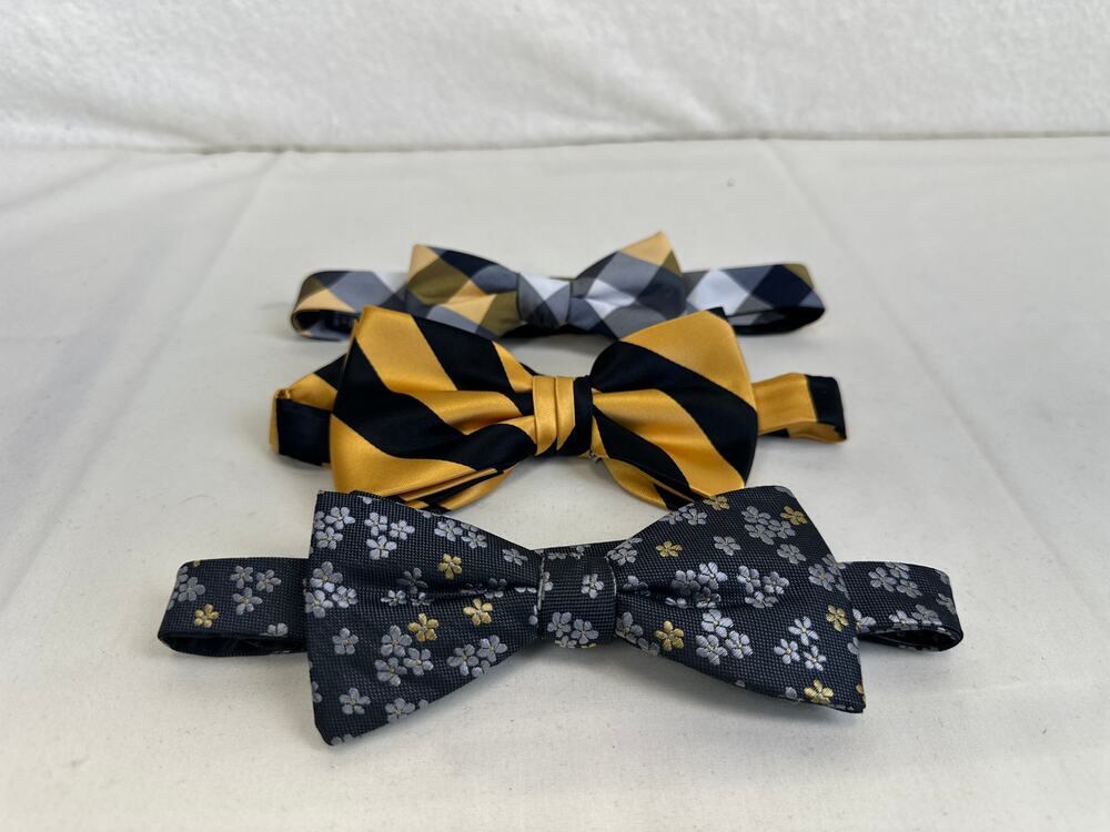 Set of Three Adjustable Pre-Tied Bow Ties Yellow, Blue, Grey & White